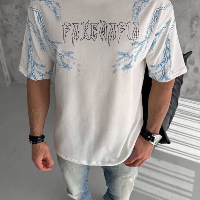 Erkek Bisiklet Yaka Yıldırım Baskılı  Kısa kol T-Shirt - Beyaz